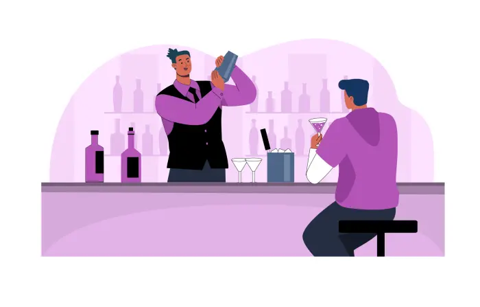Bartender Making Drink for Man Vector Flat Illustration